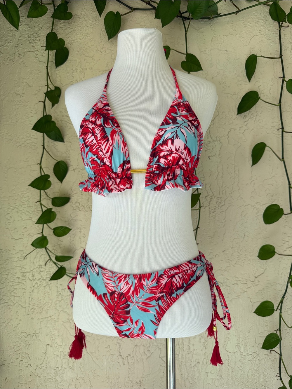 Women's Red Tropical Halter Bikini Set
